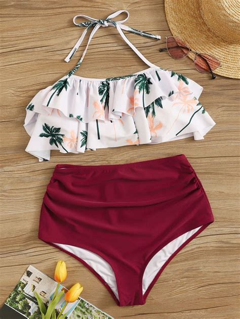 Random Tropical Ruffle Top With High Waisted Bikini Girls Bathing Suits Cute Bathing Suits