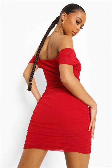 Boohoo Mesh Off The Shoulder Corset Mini Dress In Red Lyst