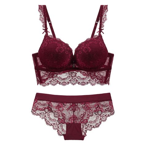 Sexy Lingerie Sheer Hollow Lace Lacy Bra And Panty Set Padded 1 Cup