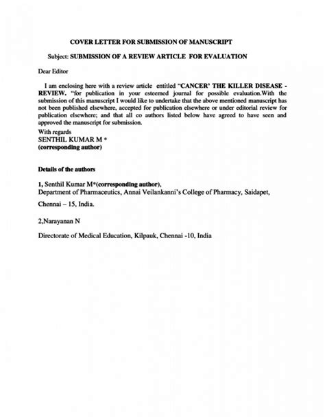 Most often, a cover letter is needed when authors initially submit their manuscript to a journal and when responding to reviewers during an invitation to revise and resubmit. 018 Research Paper Cover Letter Example Article Submission ...