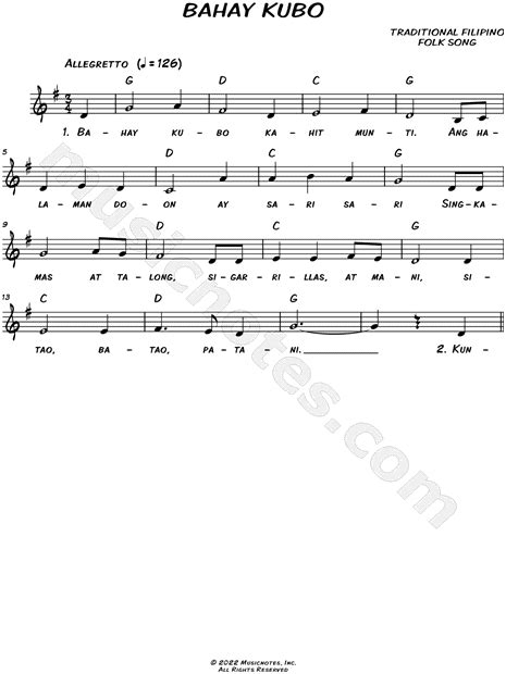 Traditional Filipino Folk Song Bahay Kubo Sheet Music Leadsheet In