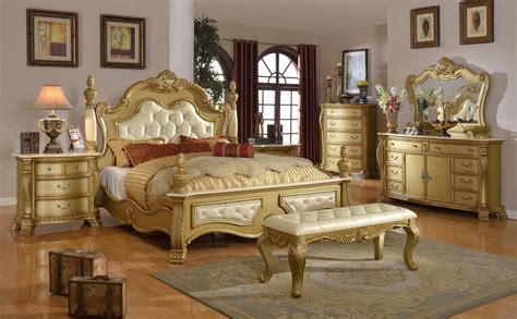 Meridian Lavish King Size Bedroom Set In Rich Gold 2 Night Stands