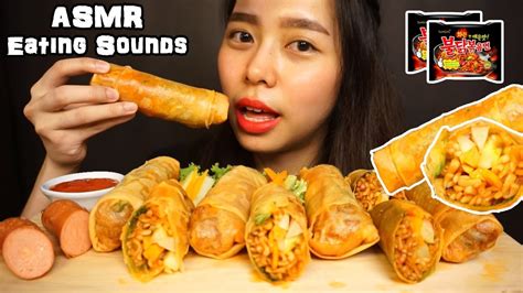 ASMR Samyang Fire Noodles Spring Rolls Extremely Crunchy Eating Sounds No Talking YouTube