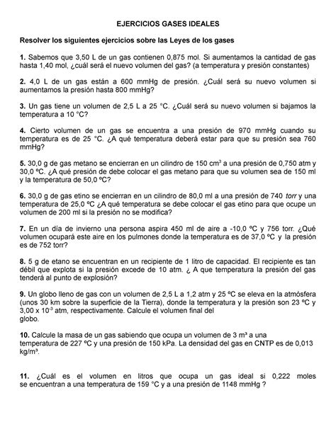 Ejercicios Gases Ideales Ejercicios Gases Ideales Resolver Los