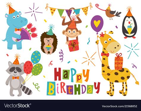 Set Of Isolated Funny Animals Happy Birthday Vector Image
