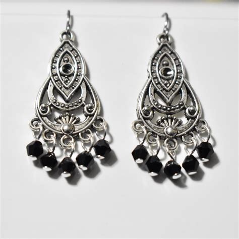 Black Chandelier Earrings Black Crystal Earring Silver Etsy