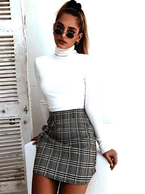 White Turtleneck Sweater Plaid Skirt Trend Fall For School Ecemella