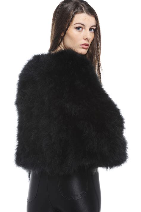 New Womens Selfish Black Real Feather Faux Fur Cropped Ladies Jacket