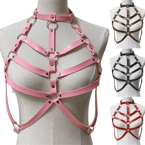 punk rock lady women handcrafted leather body bondage cage top chest harness waist belt party