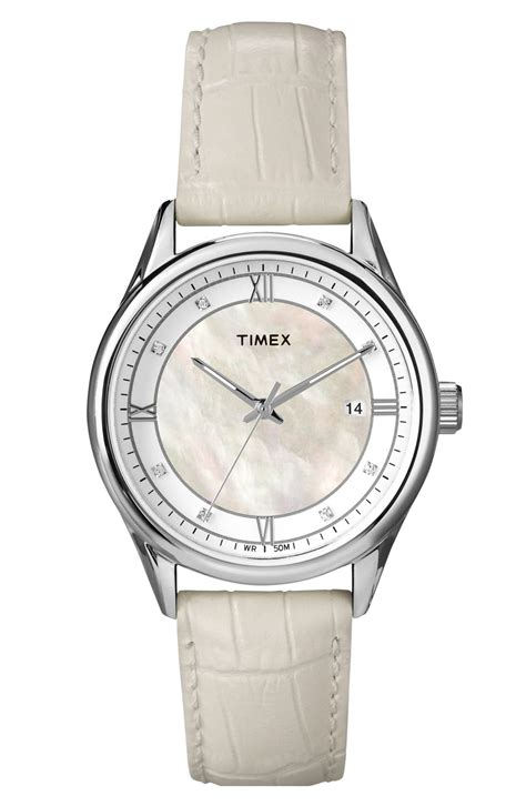 Timex Mother Of Pearl Dial Leather Strap Watch 36mm Nordstrom