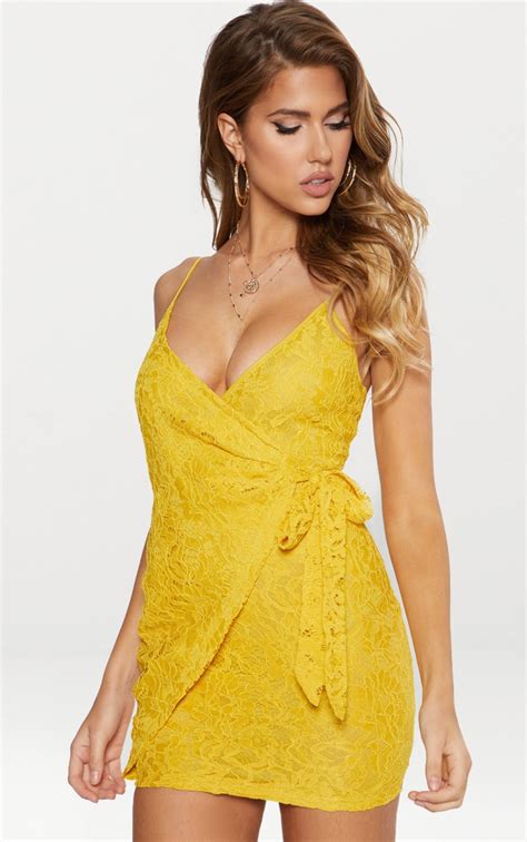 Yellow Lace Plunge Wrap Detail Bodycon Dress Prettylittlething Usa