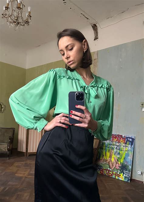 Vintage Green Pussy Bow Blouse Puff Sleeve Pussybow Top Etsy