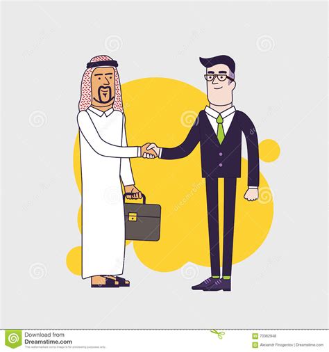 Arab Person Shaking Hands With A Businessman. Business Concept Cartoon Illustration. Linear Flat ...