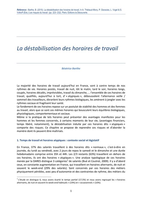 Permanence téléphonique en semaine au 0 806 000 126 (prix d'un appel local). (PDF) La déstabilisation des horaires de travail