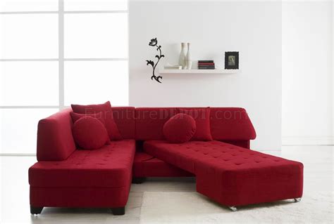 A red sectional couch can be accented or grounded with several other popular accessory choices; Red Fabric Modern Convertible Sectional Sofa w/Wood Legs