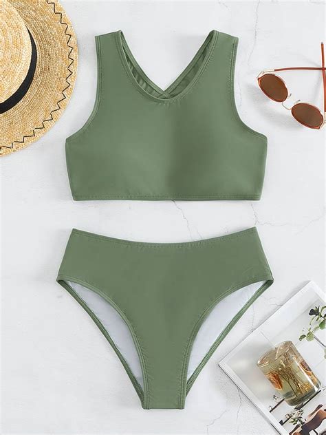 High Waisted Ink Green Criss Cross Back Bikini Swimsuit Buy More