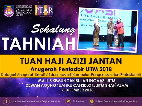 Permohonan daripada staf uitm berstatus tetap/kontrak/sementara dimana pelantikan dibuat melalui bahagian pengambilan dan penempatan staf bahagian pengambilan dan penempatan staf jabatan pengurusan sumber manusia pejabat pendaftar universiti teknologi mara 40450 shah. Tahniah & Syabas kepada Staf PTAR Tuan Haji Azizi Jantan ...