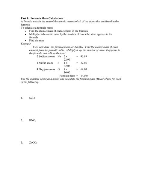 Part 1 Formula Mass Calculations