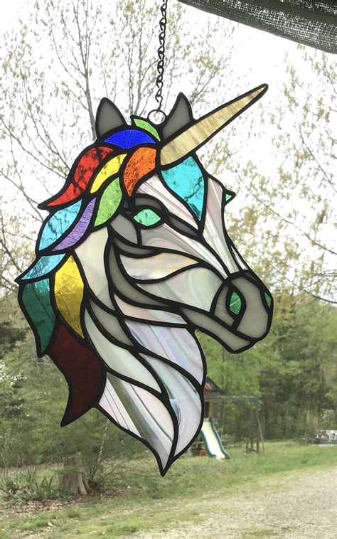 Unicorn Rainbow Colored And Iridescent White Stained Glass Etsy Stained Glass Diy Stained