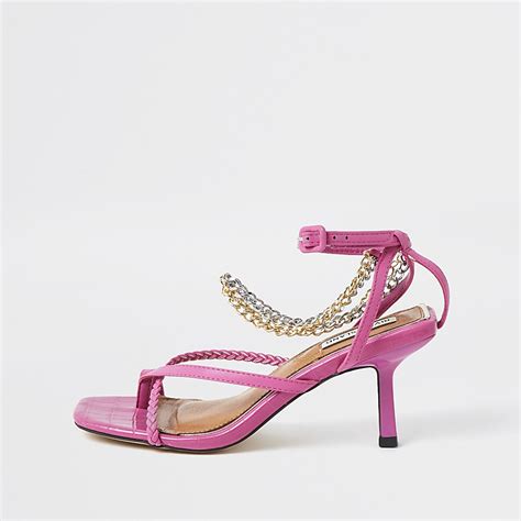 Pink Faux Leather Chain Mid Heel Sandal River Island