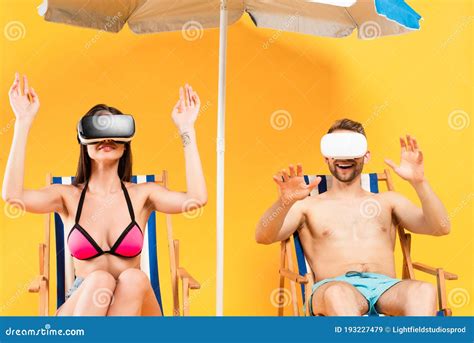 Couple In Virtual Reality Headsets Sitting Stock Image Image Of Shirtless Torso 193227479
