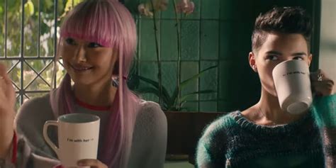 In Deadpool 2 Yukio And Negasonics Cup Says Im With Her With Arrows Pointing Towards Each