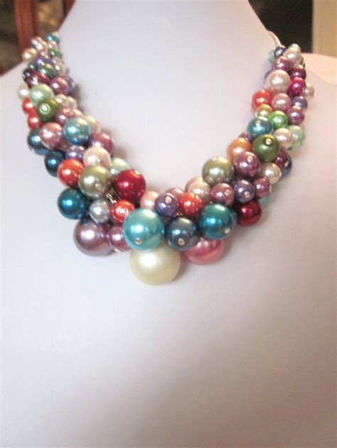 Pearl Cluster Necklace Of Multi Color Bright Rainbow Colored Etsy