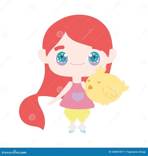 Cute Little Girl Anime Cartoon Holding Chicken Stock Vector