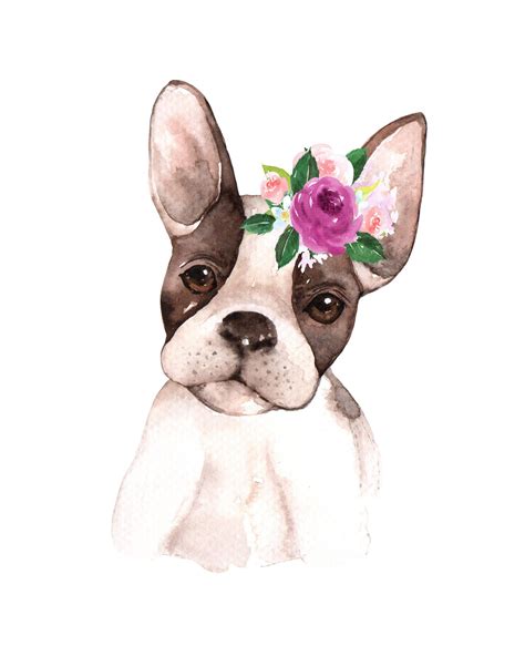 French Bulldog Flower Floral Crown Watercolor Kid Printable Wall Art