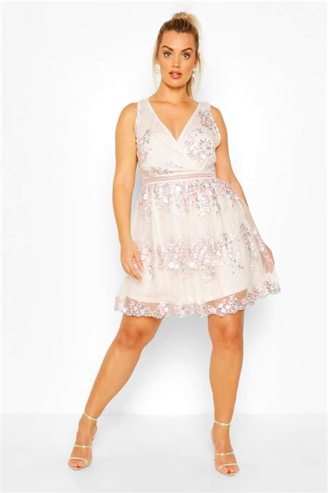 Plus Floral Embroidered Wrap Skater Dress Boohoo Dresses Party