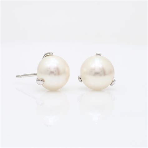 Freshwater Pearl Three Prong Earring Studs In 14k White Gold 95 10mm