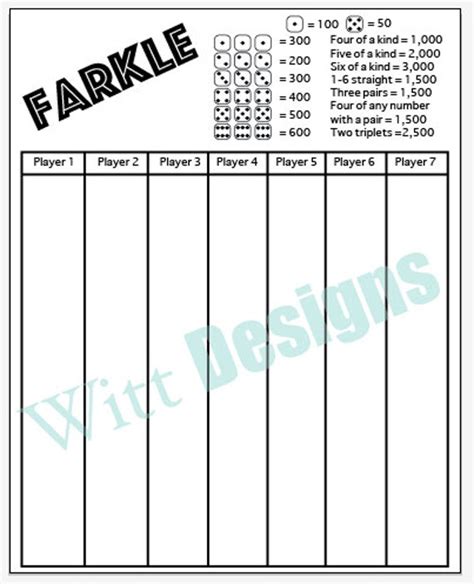 Pdf 85x11 Farkle Score Card Instant Download Pdf File To Save