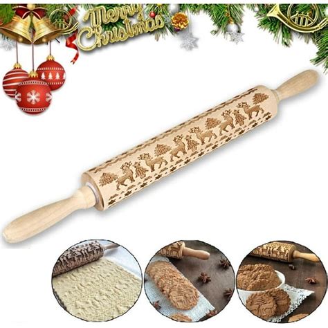 1 Pack Christmas Embossed Wooden Rolling Pinsengraved Embossing