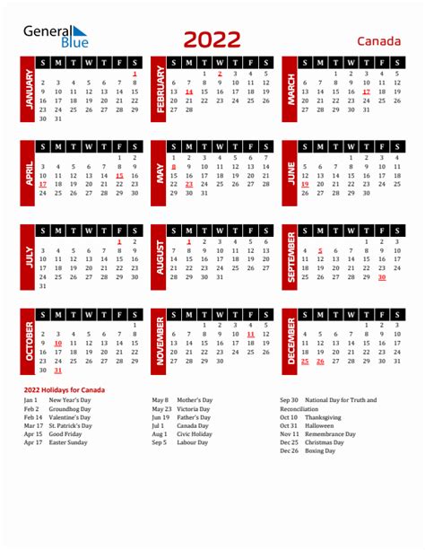 2022 Canada Calendar With Holidays