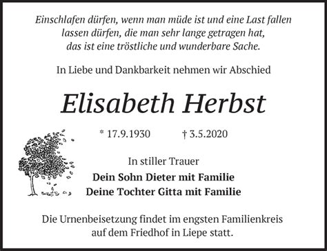Traueranzeigen Von Elisabeth Herbst Märkische Onlinezeitung Trauerportal