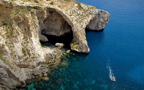 Sea Cliff Cave Island Malta Water Boat Blue Coast