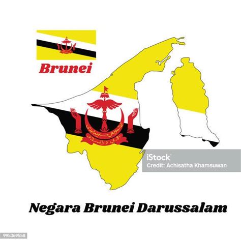 Garis Besar Peta Dan Bendera Brunei Lambang Merah Tengah Di Lapangan