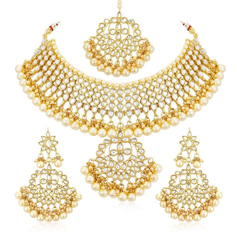 Sukkhi Trendy Kundan Gold Plated Wedding Jewellery Pearl Choker Necklace Set For Women N73544
