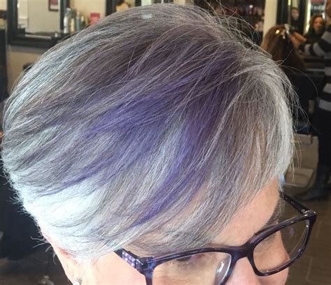 Purple Highlight On Silvergrey Base Purple Hair Highlights Gray Hair Highlights Grey Hair