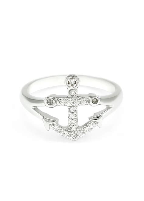 Sterling Silver Diamond Anchor Ring Silver Nautical Jewelry The