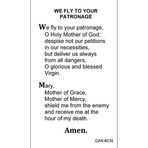 We Fly To Your Patronage Prayer Card Gannons Prayer Card Co