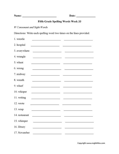 Sixth Grade Spelling Worksheet