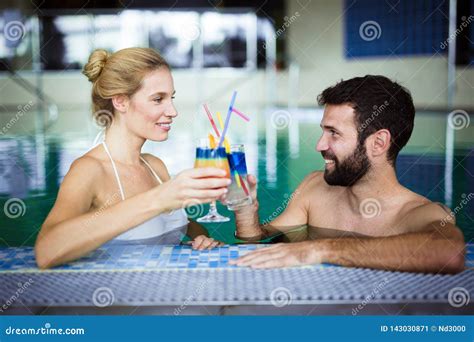 Happy Attractive Couple Relaxing In Swimming Pool Stock Image Image Of Healthy Caucasian