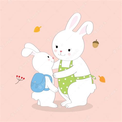 Cartoon Cute Mom And Baby Rabbits Go To School Vector