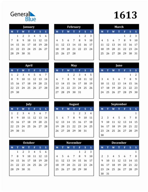 1613 Calendar With Monday Start