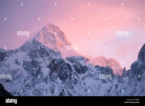 Beautiful Close Up Shot Of A Pink Glowing Mountain Tops In The Alps At