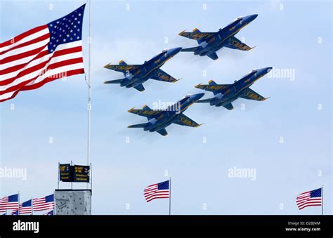 U S Navy Blue Angels Fa 18s Flying In Formation Hi Res Stock