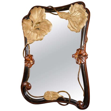 Rare Art Nouveau Mirror In Hand Carved Mahogany Frame With Parcel Gilt