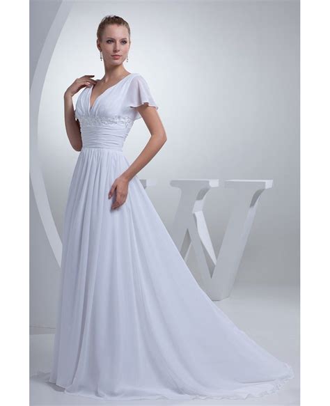 V Neck Long White Chiffon Elegant Wedding Dress With Sleeves Op4424