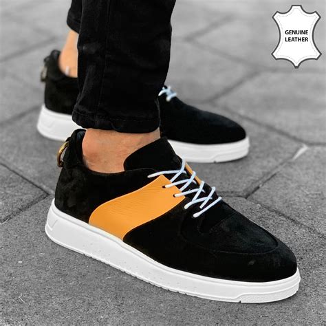 Martin Valen Mens Premium Genuine Leather Sneakers Black And Yellow